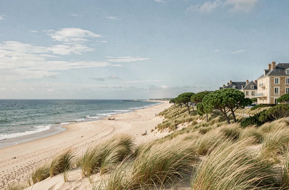 Paysage côtier de la Vendée avec plage de sable, dunes et architecture hôtelière en arrière-plan