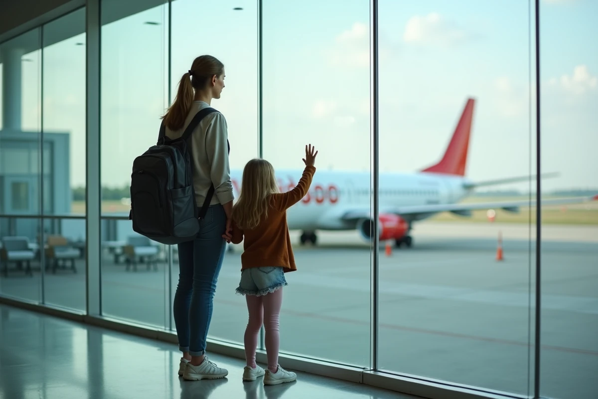 Mère et fille regardant un avion par la vitre d'un terminal d'aéroport