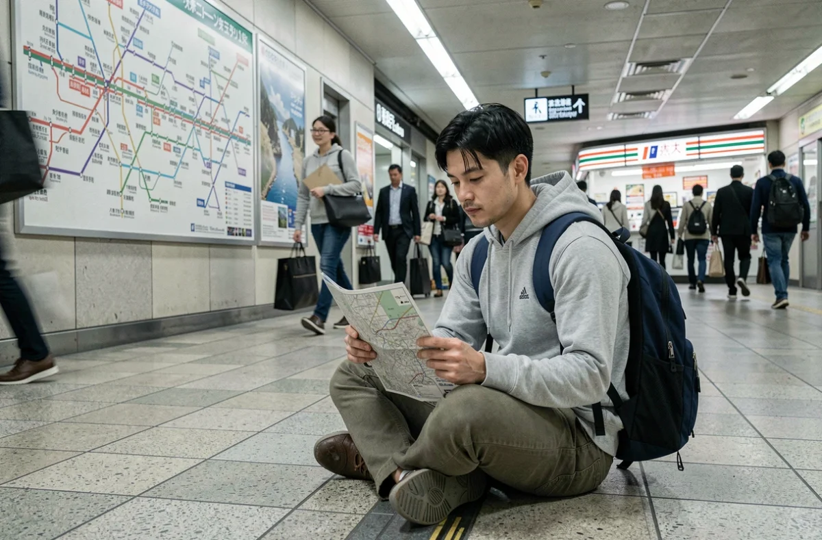 Voyageur étudiant un plan de métro dans une station de Tokyo, illustration du transport en commun économique au Japon