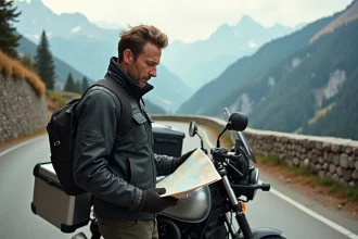 Motard debout près de sa moto chargée sur une route de montagne alpine, consultant une carte papier lors d'un road trip en Europe