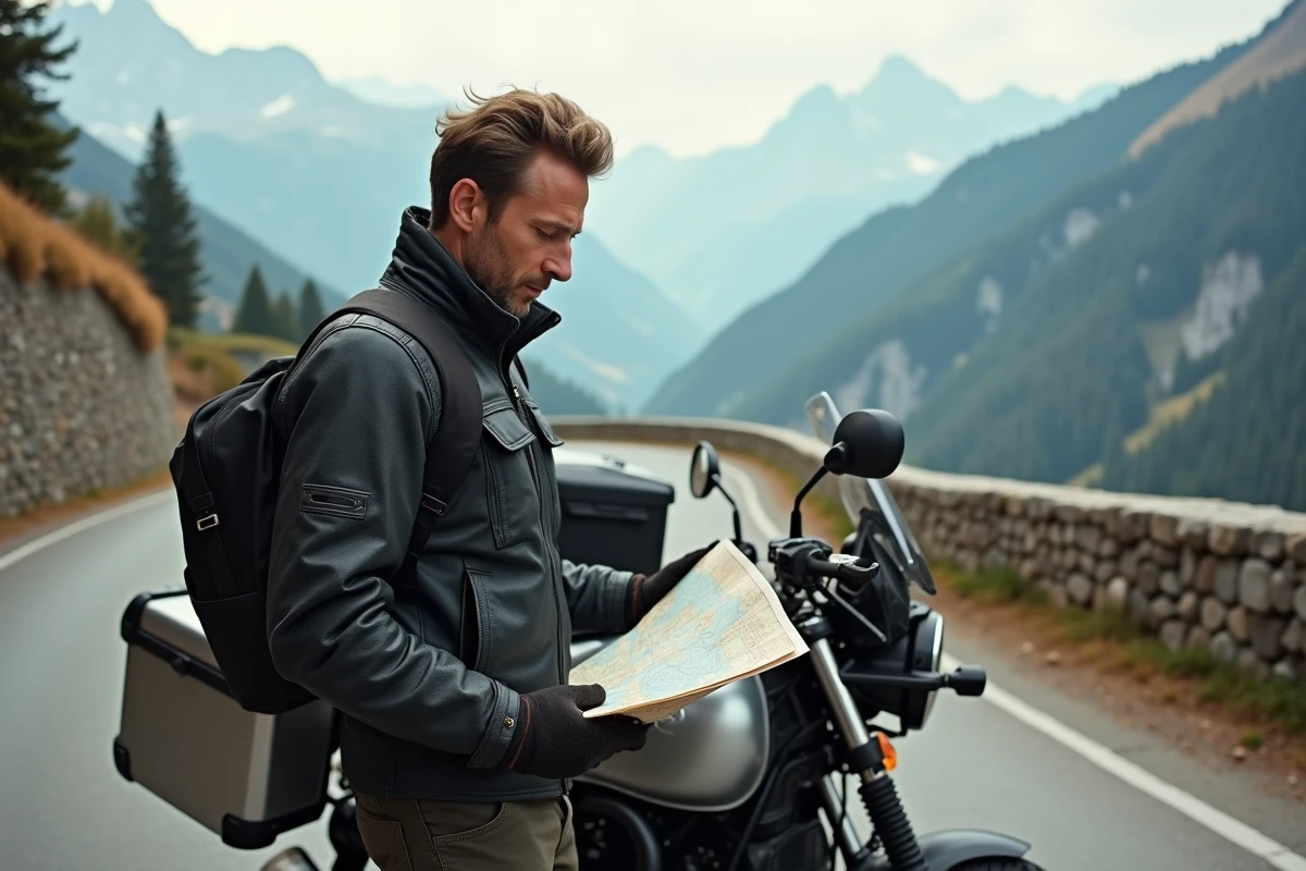 Motard debout près de sa moto chargée sur une route de montagne alpine, consultant une carte papier lors d'un road trip en Europe