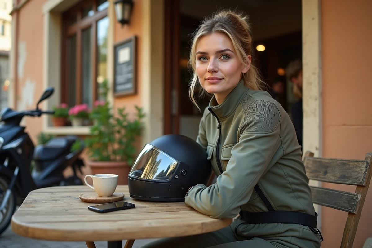 Motarde en pause dans un café de village français, consultant son itinéraire GPS lors d'un road trip moto en Europe