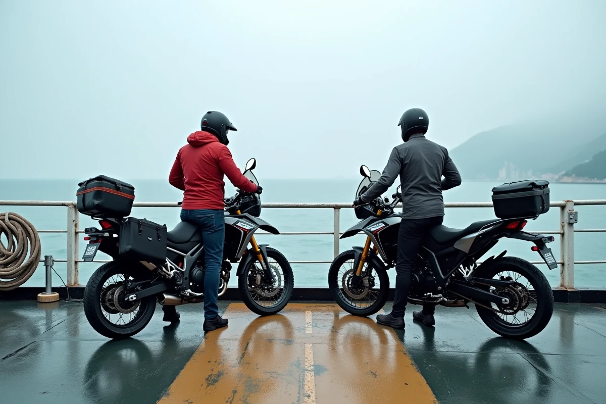 Deux motards appuyés sur le bastingage d'un ferry traversant la mer Adriatique avec leurs motos chargées, road trip moto en Europe