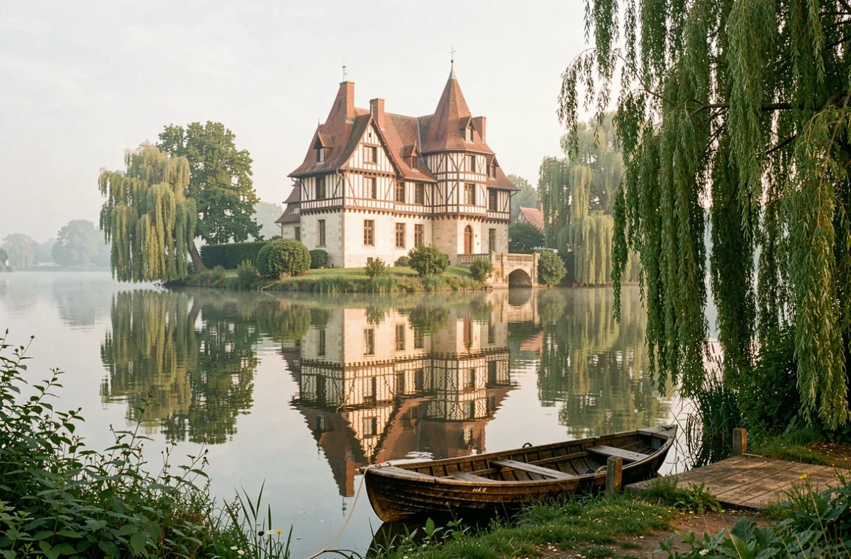 Le Moulin de Connelles, manoir à colombages sur une île privée reflété dans les eaux calmes de la Seine