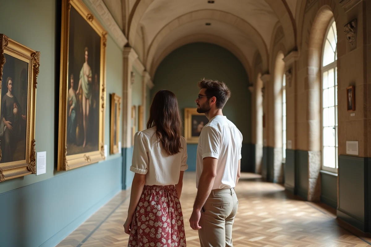 Deux visiteurs découvrant les collections du Musée Ingres-Bourdelle de Montauban pendant l'été
