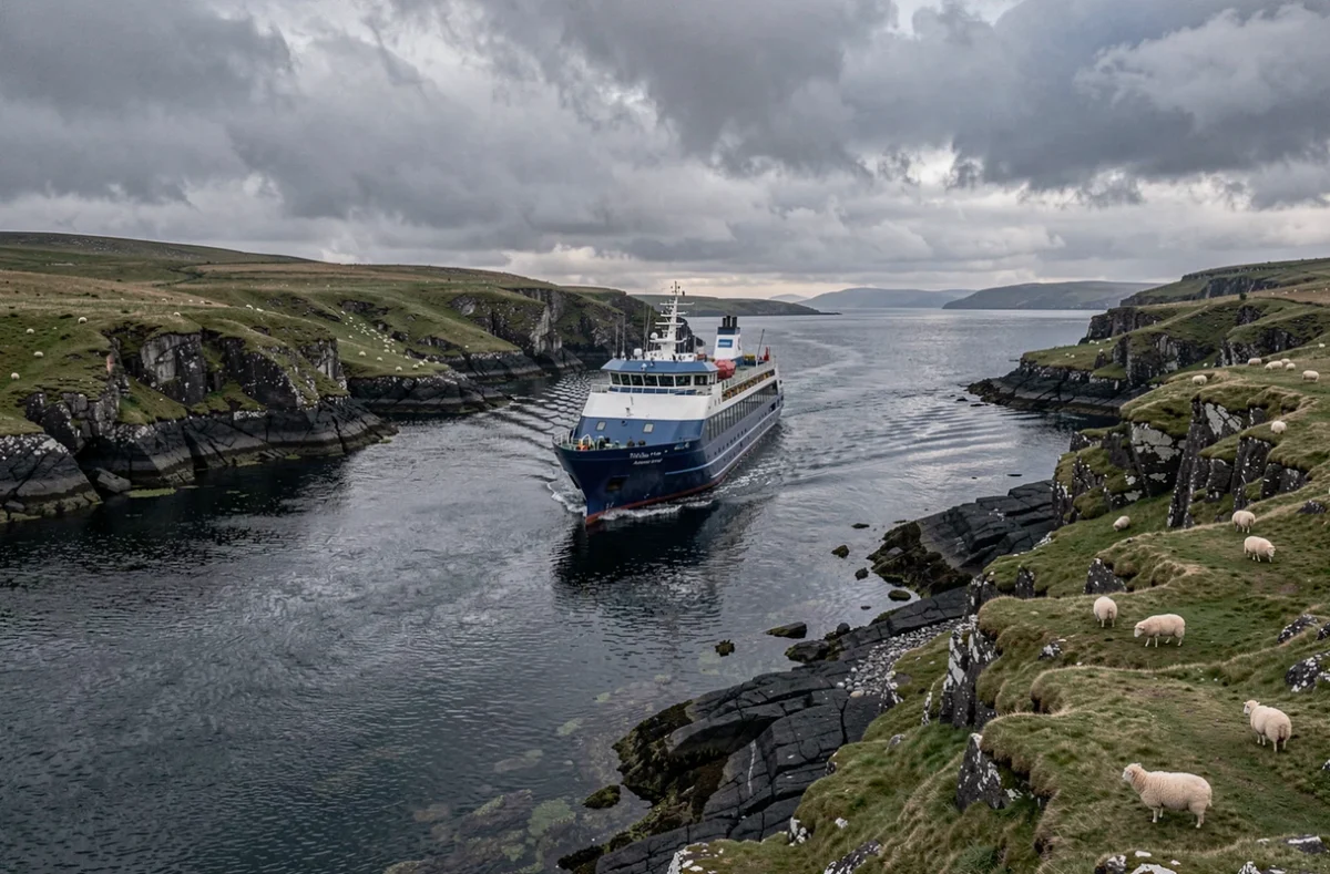 Navire de croisière naviguant entre deux îles irlandaises aux côtes rocheuses et sauvages