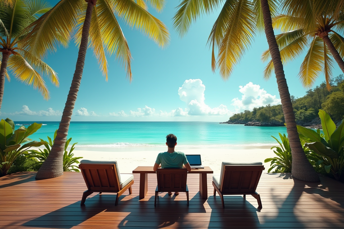 Nomade digital travaillant sur une terrasse face à la plage tropicale