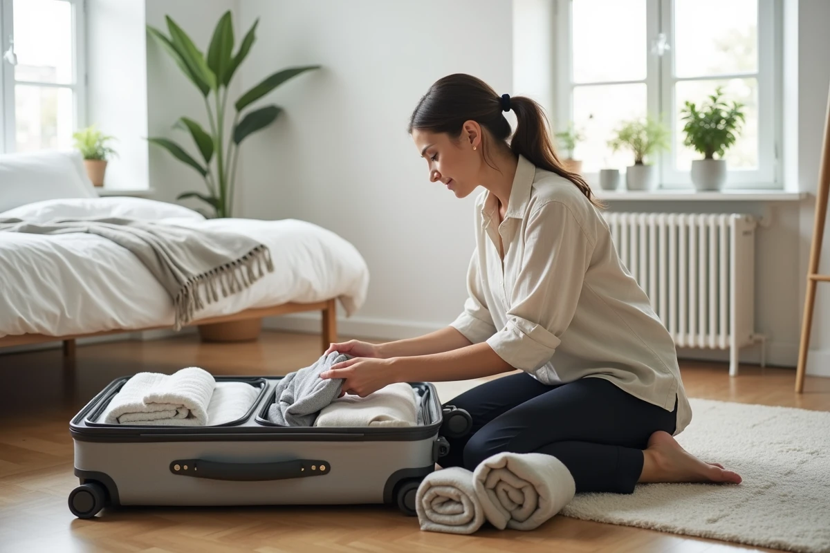Femme organisant soigneusement ses vêtements dans une valise cabine ouverte posée sur un parquet en bois dans une chambre minimaliste