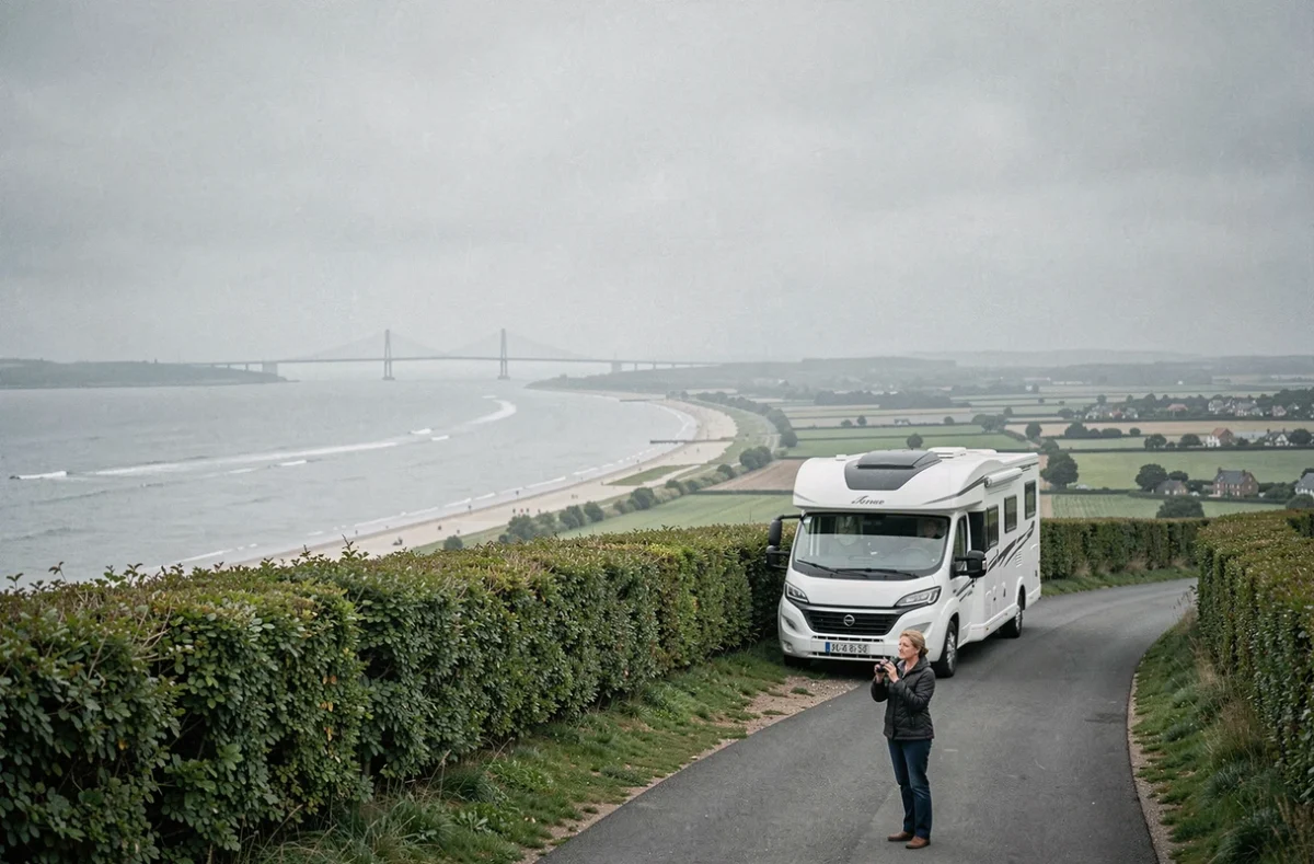 Vue panoramique depuis la Côte de Grâce à Honfleur avec une voyageuse en camping-car contemplant l'estuaire de la Seine