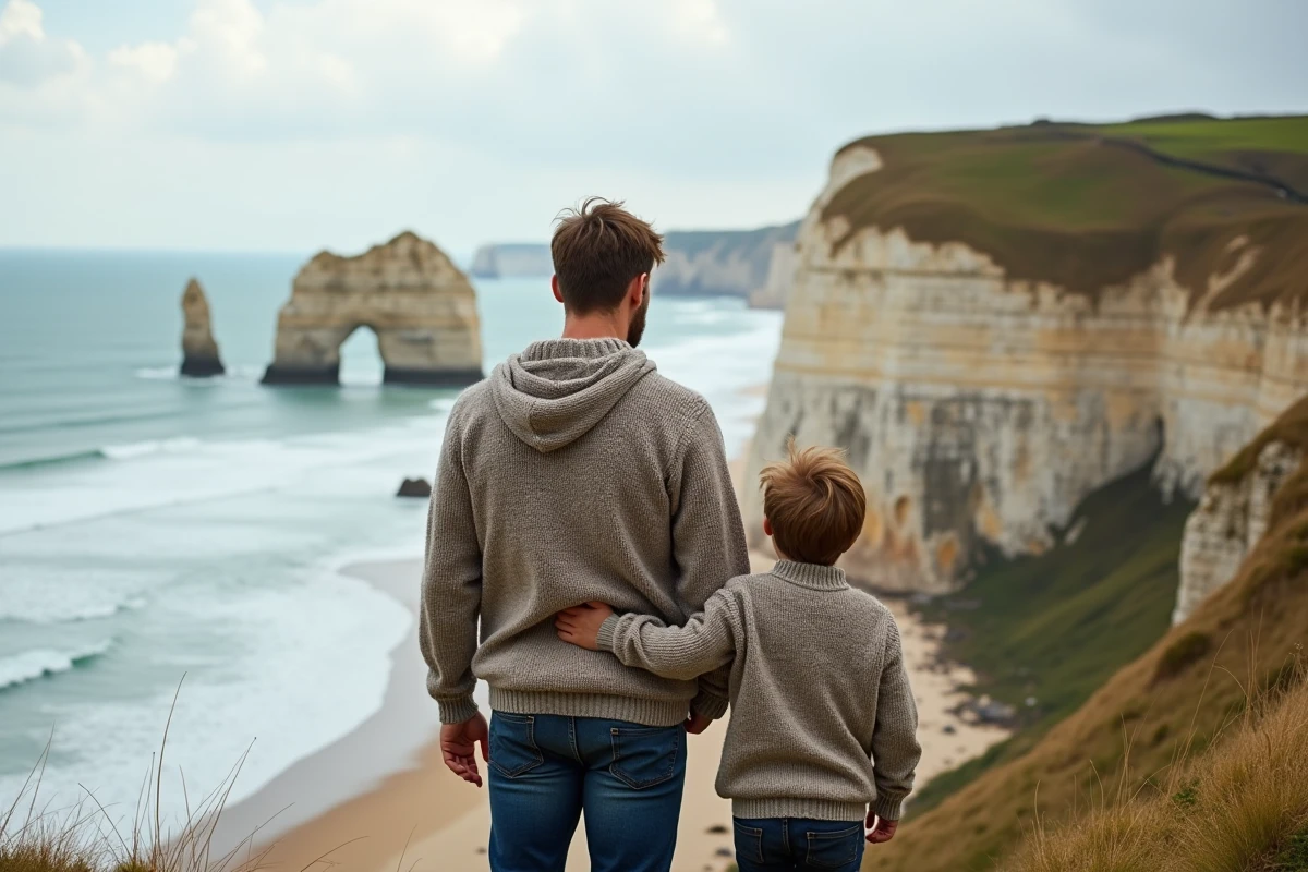 Père et fils regardant les falaises de Normandie côte atlantique