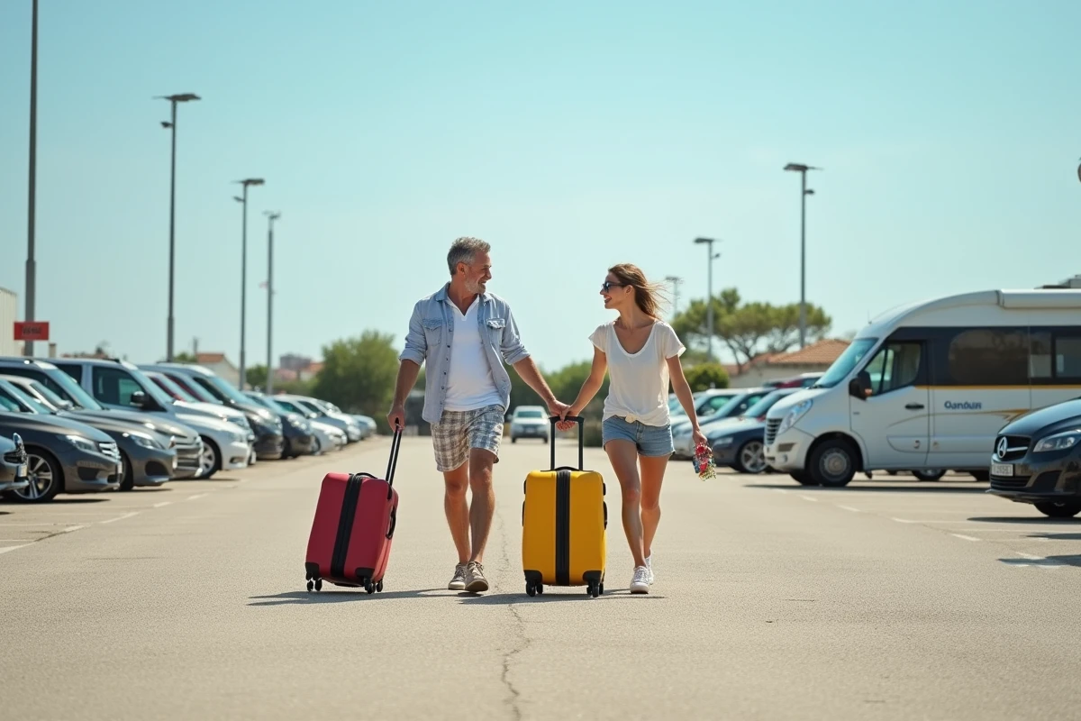 Couple avec bagages marchant dans un grand parking économique avant de rejoindre le ferry pour Porquerolles