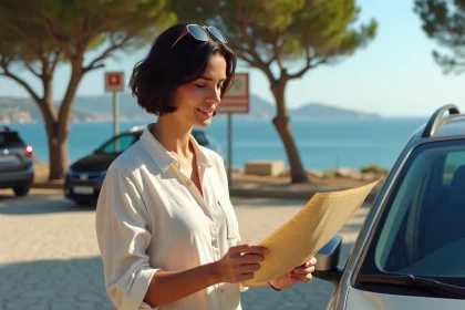 Femme consultant une carte près d'un parking côtier avant de prendre le ferry pour Porquerolles