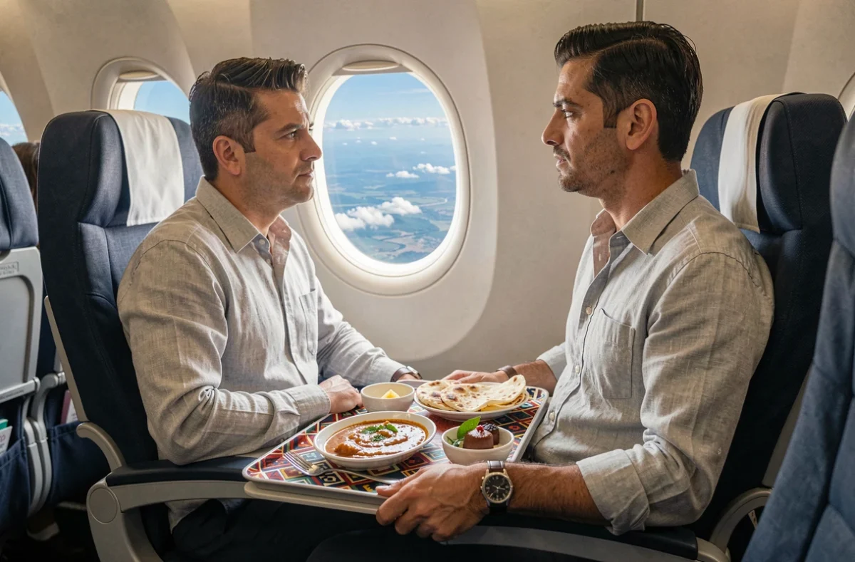 Passager en classe économique d'Air India regardant par le hublot avec plateau repas indien servi devant lui