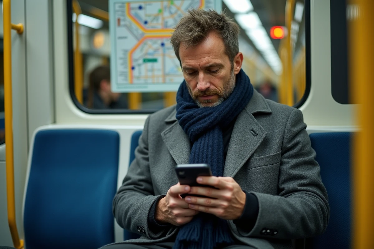 Passager consultant une application de transport sur son téléphone dans une rame de métro U-Bahn Berlin
