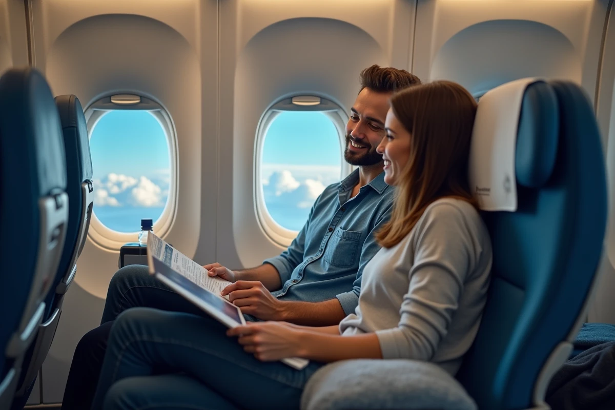 Couple de voyageurs dans un avion consultant leur itinéraire de vol entre La Réunion et Paris pendant un vol long-courrier