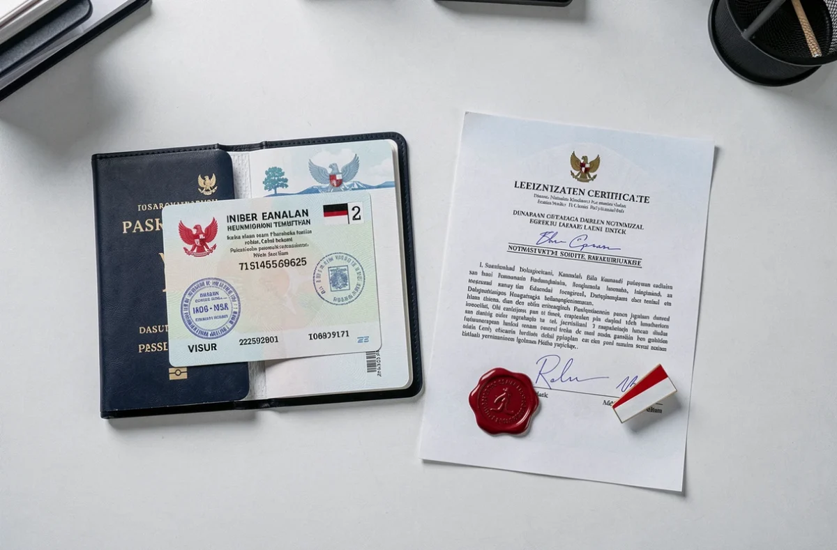 Passeport ouvert avec visa indonésien, documents légalisés et cachet officiel sur un bureau consulaire