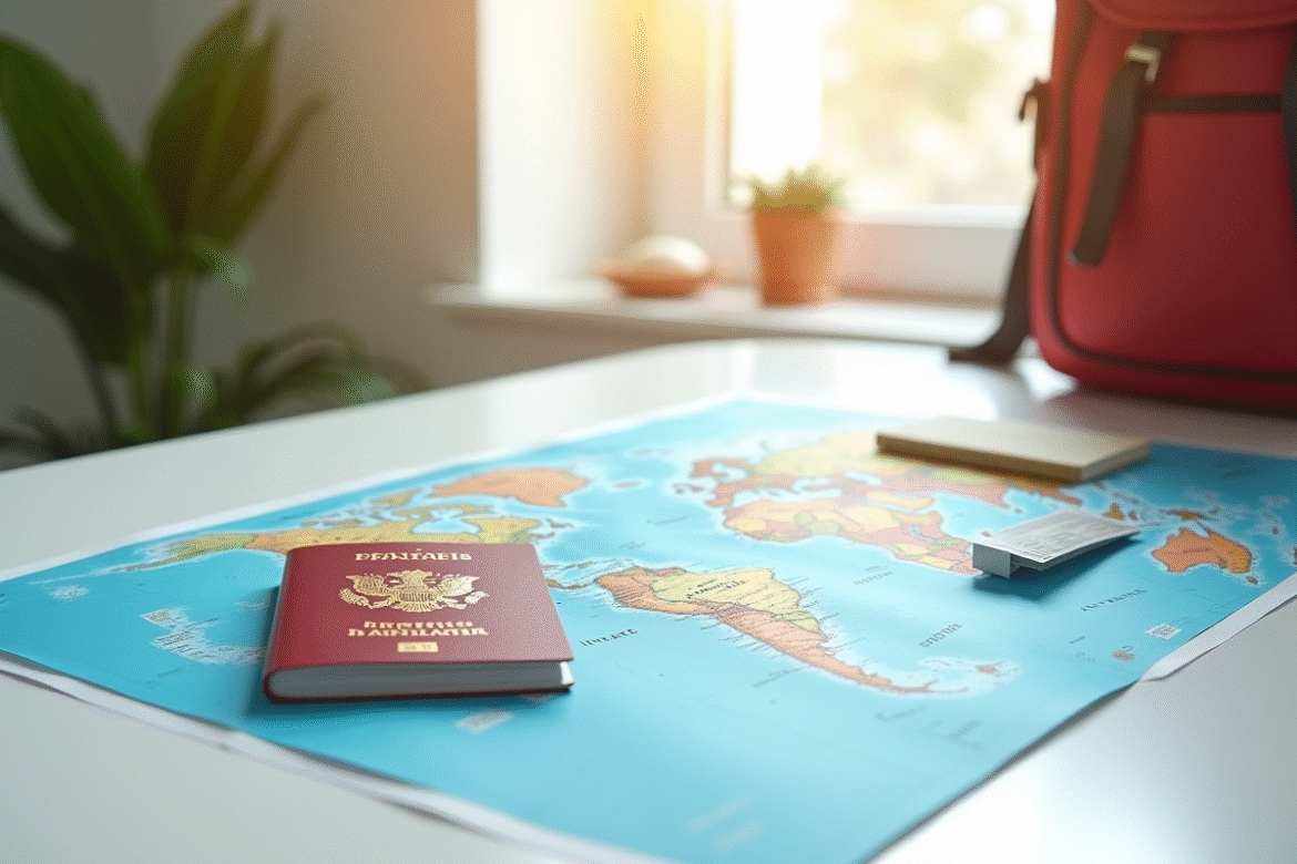 Passeport français billet d'avion et sac de voyage sur une carte du monde