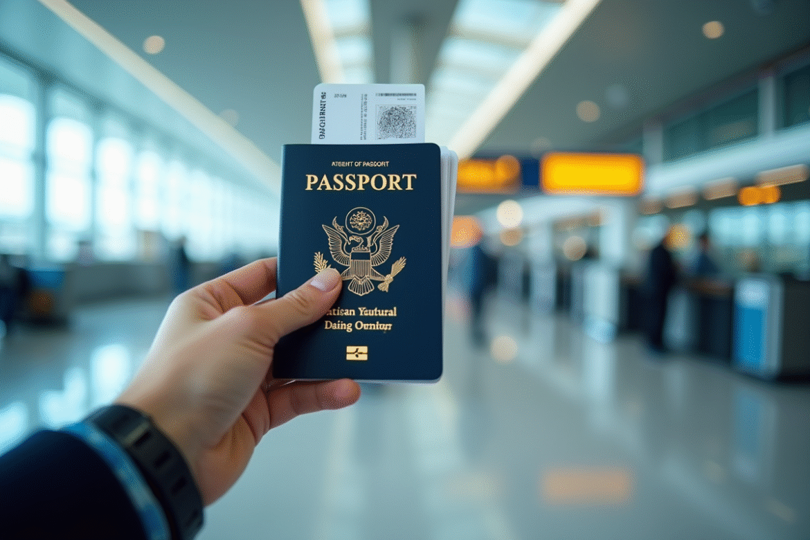 Passeport moderne avec puce biométrique devant contrôle aéroport