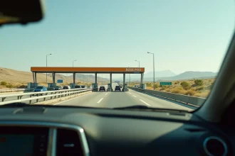 Vue depuis le tableau de bord d'une voiture approchant d'un péage autoroutier en Espagne avec plusieurs cabines de péage et paysage castillan en arrière-plan