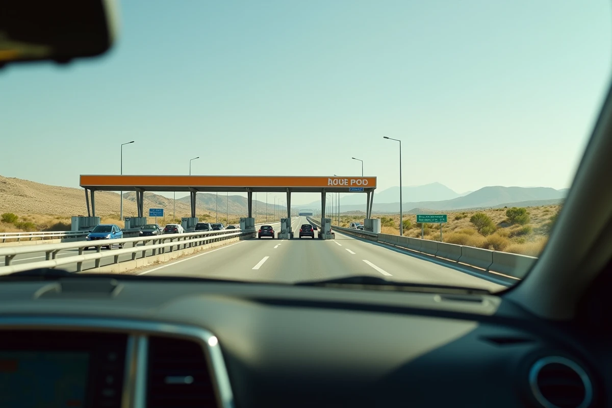 Vue depuis le tableau de bord d'une voiture approchant d'un péage autoroutier en Espagne avec plusieurs cabines de péage et paysage castillan en arrière-plan