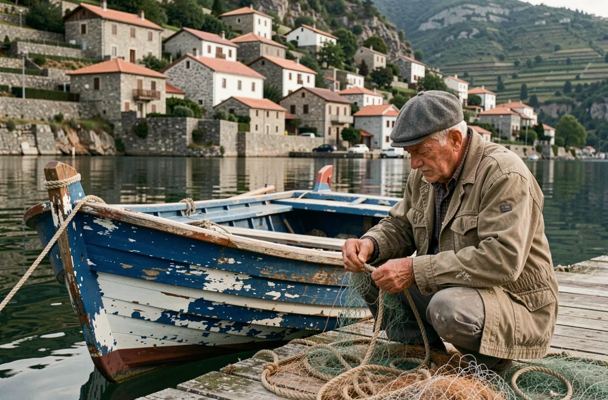 Pêcheur traditionnel réparant ses filets sur le lac Ohrid dans le village de Trpejca