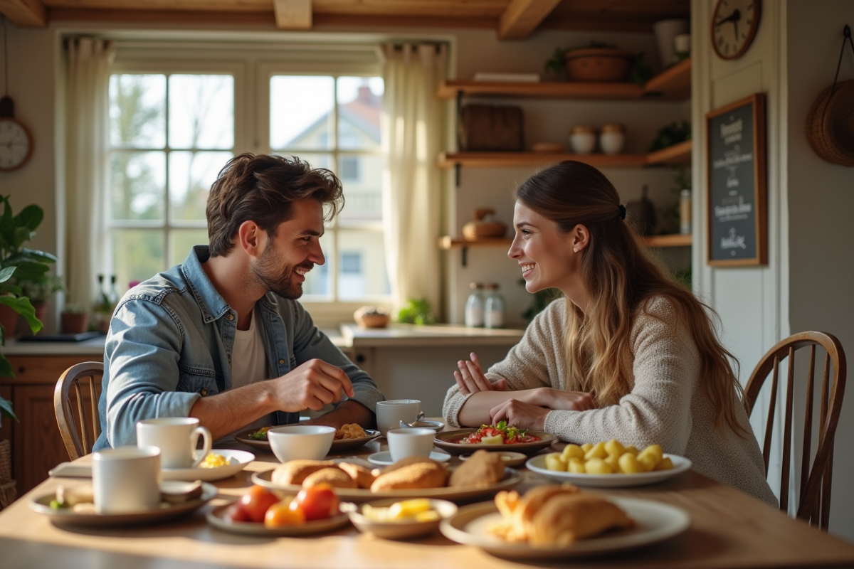 Couple dégustant petit déjeuner dans une chambre d