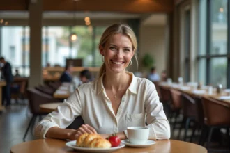 Femme souriante prenant un petit déjeuner dans un hôtel