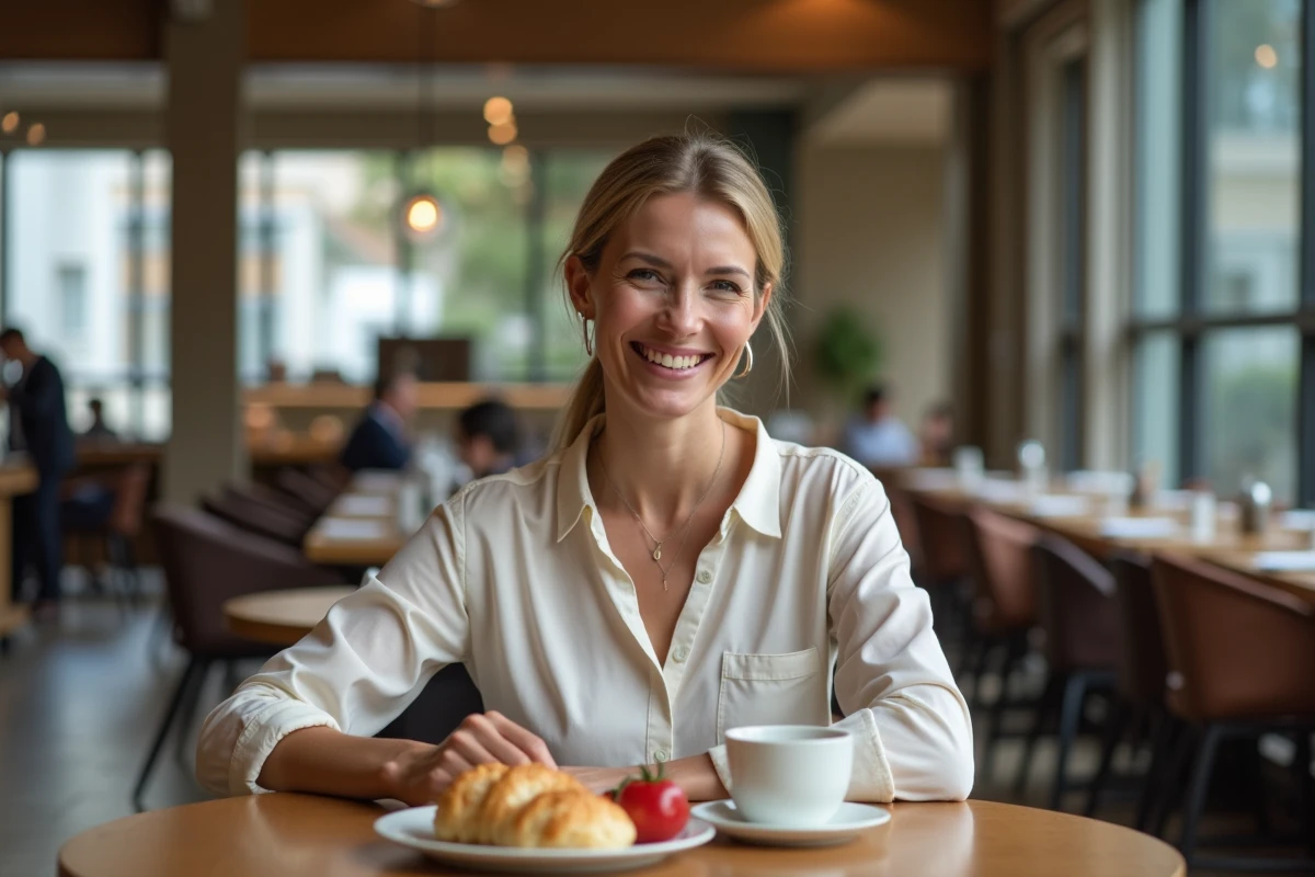 Femme souriante prenant un petit déjeuner dans un hôtel