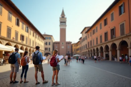 Vue panoramique de la Piazza del Campo à Sienne avec des touristes consultant une carte devant le Palazzo Pubblico