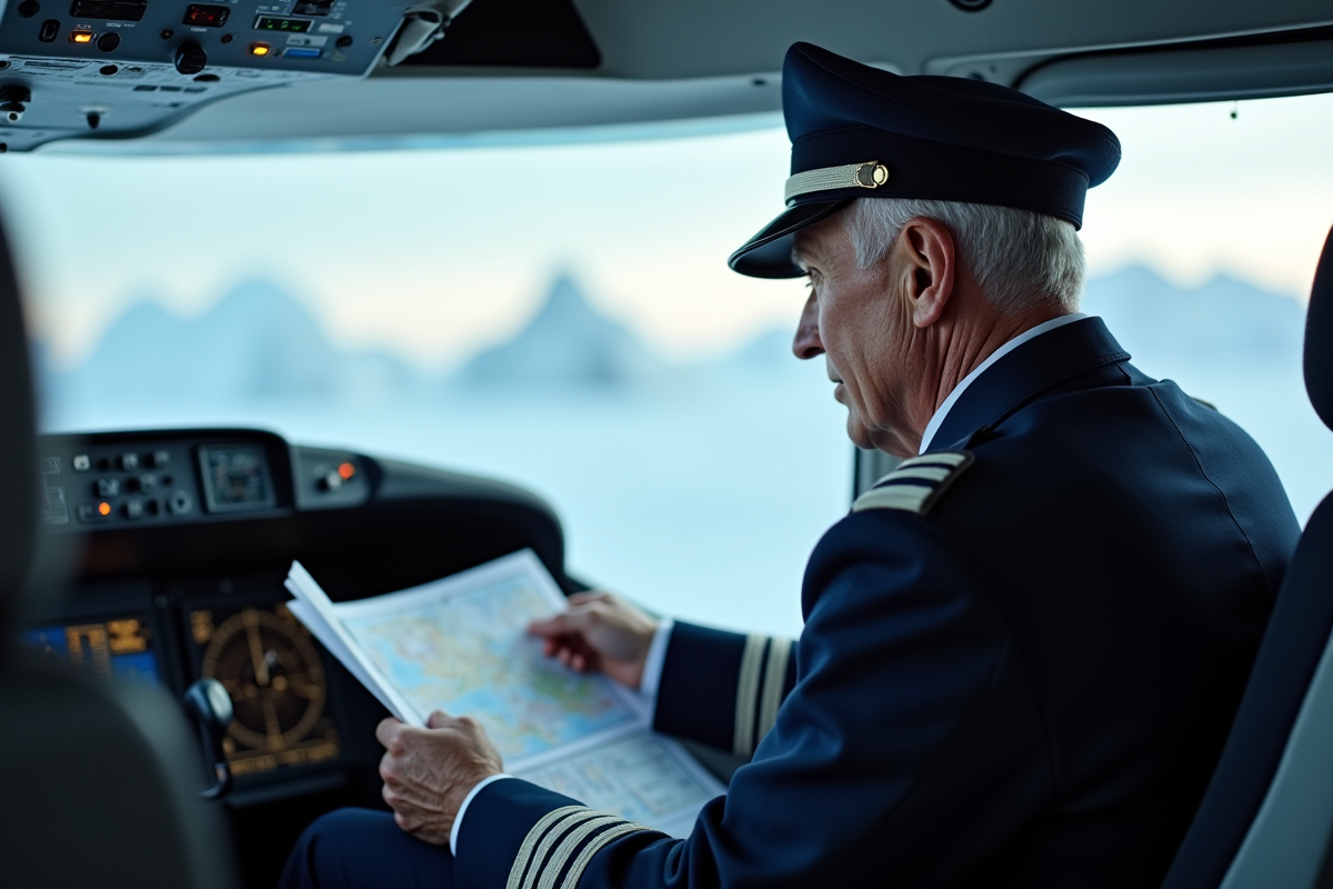 Pilote en cockpit regardant la carte avec paysage glacé