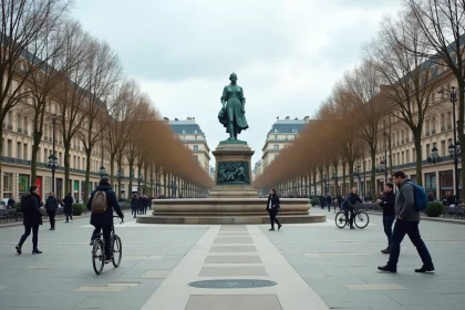 Vue grand angle de la Place de la République à Paris avec la statue de Marianne et les passants sur l'esplanade pavée en automne