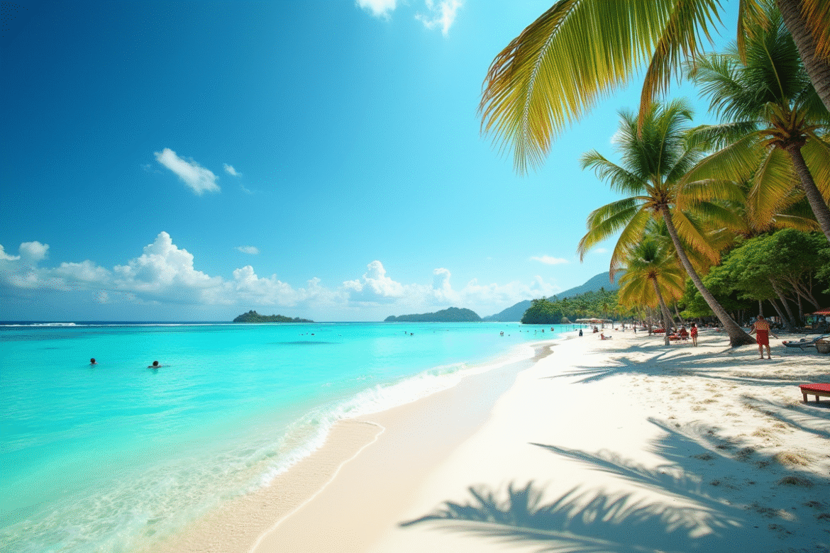 Plage tropicale avec eaux turquoise et palmiers luxuriants