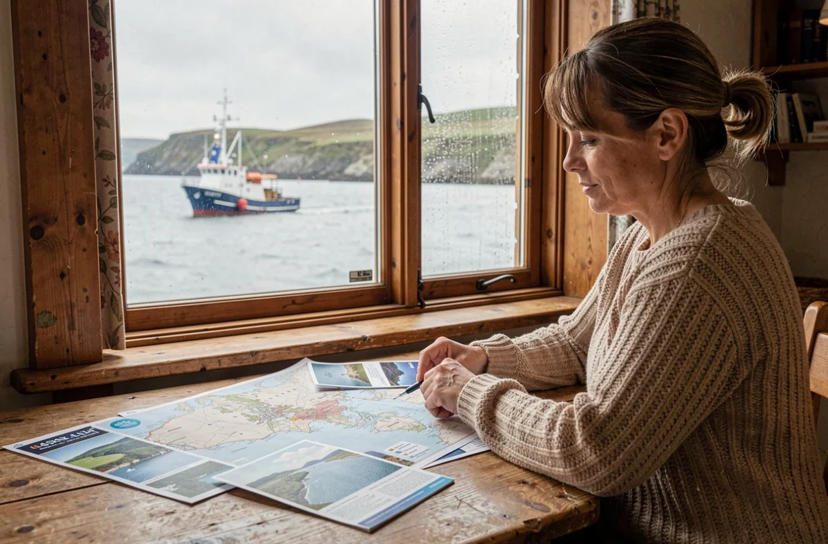 Femme planifiant une croisière en Irlande avec des cartes nautiques dans une auberge côtière