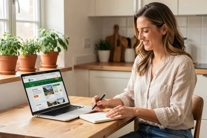 Femme planifiant un voyage pas cher sur ordinateur portable avec carnet de notes à la cuisine