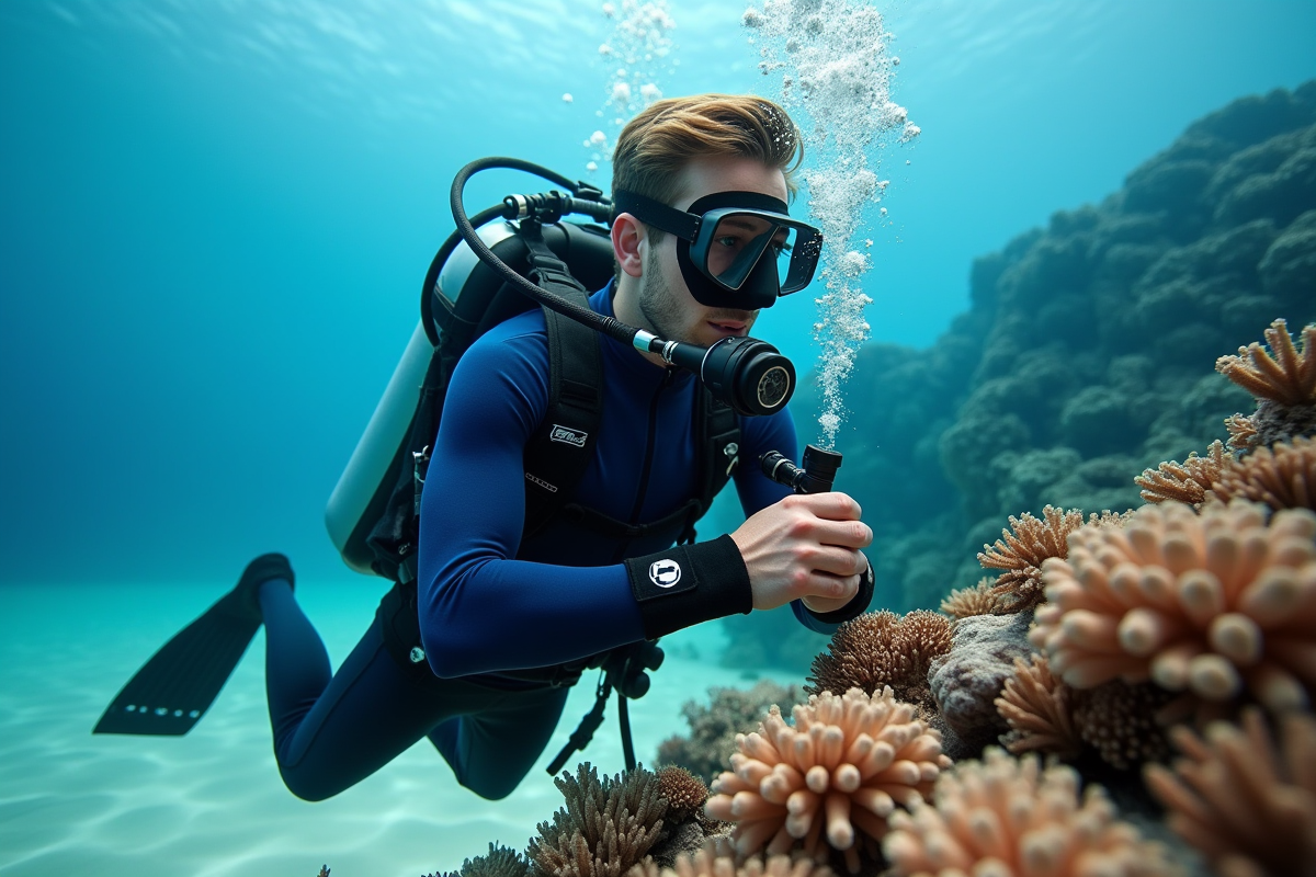 Jeune plongeur en wetsuit bleu et noir sous l'eau près d'un corail