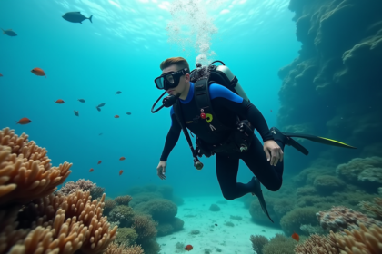 Plongeur sous-marin explorant un récif corallien coloré