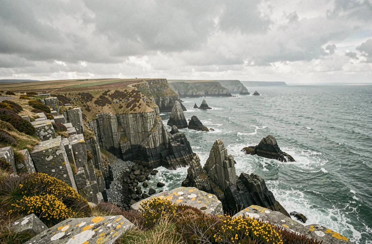 Pointe de Kadoran en Bretagne avec falaises de granit noir et mer agitée sous un ciel nuageux