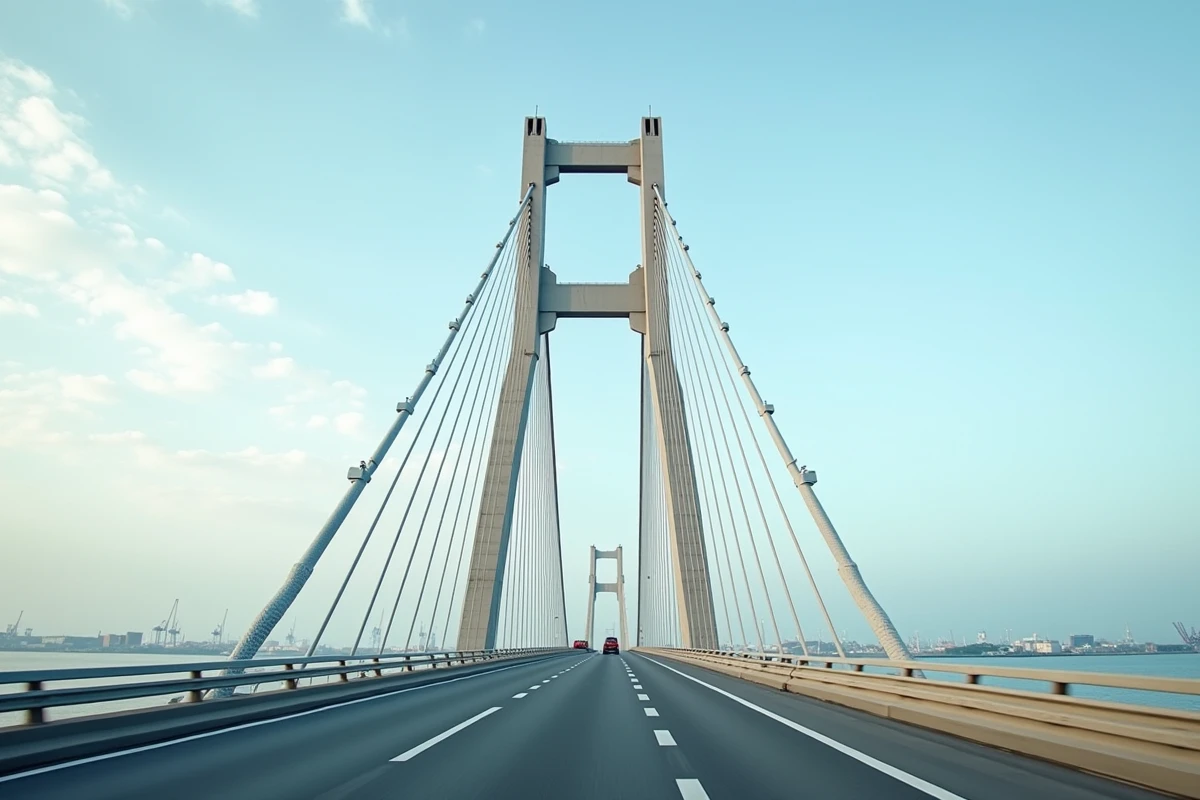 Pont à haubans de péage enjambant un large estuaire en Espagne photographié depuis la rampe d'accès avec pylônes en béton et câbles en acier
