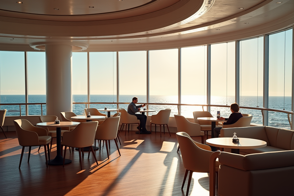 Espace lounge spacieux avec vue panoramique sur la mer à bord d
