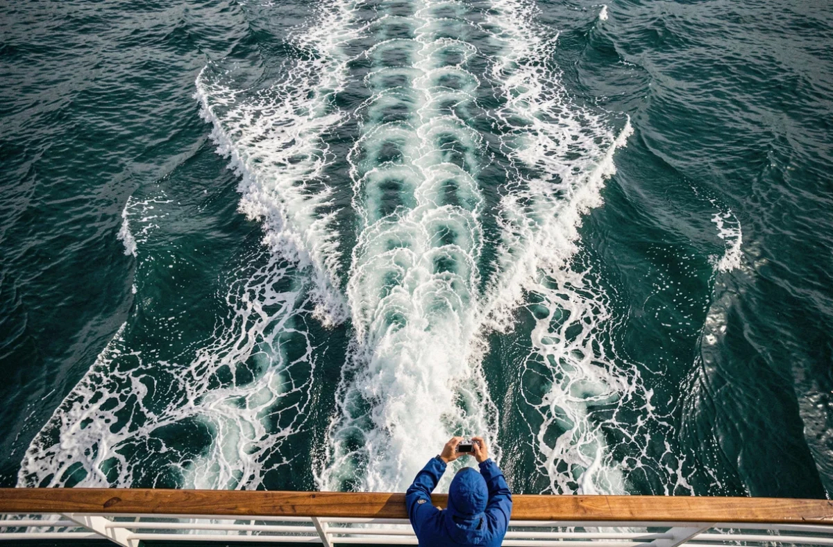 Vue depuis le pont supérieur d'un bateau de croisière sur la mer Méditerranée et son sillage blanc