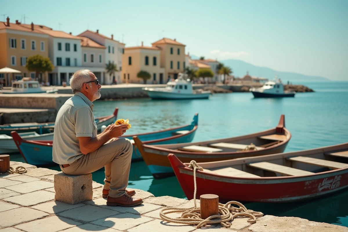 Petit port de pêche de Chalki avec des bateaux en bois et un voyageur dégustant un gyros assis sur une borne d'amarrage face à la mer Égée