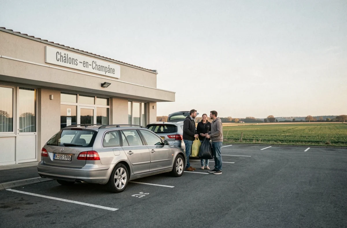 Parking et façade du Premiere Classe Châlons-en-Champagne avec famille déchargeant leurs bagages d'une voiture