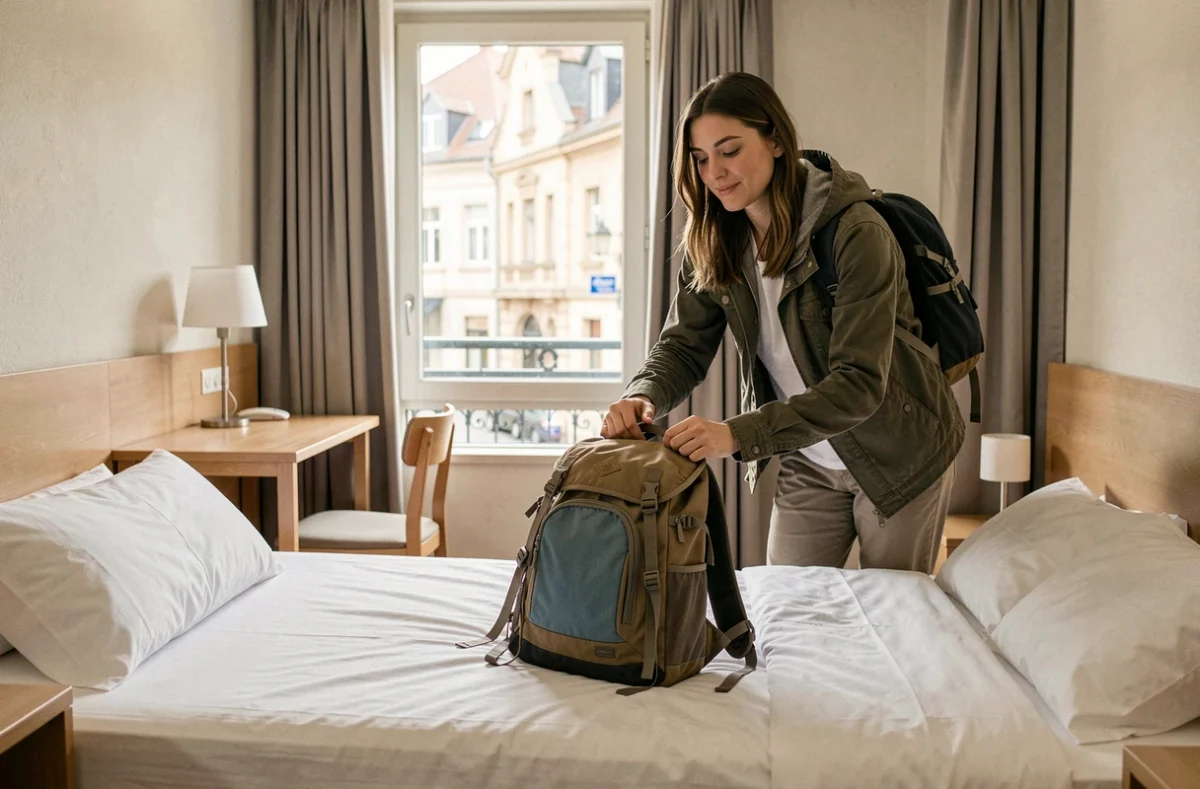 Chambre propre et fonctionnelle du Premiere Classe Metz avec voyageuse posant son sac à dos sur le lit