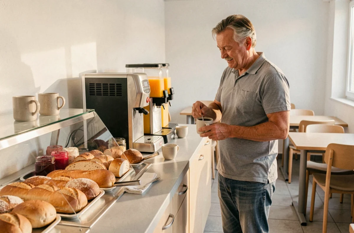 Buffet du petit-déjeuner en libre-service au Premiere Classe Mulhouse avec voyageur se servant un café