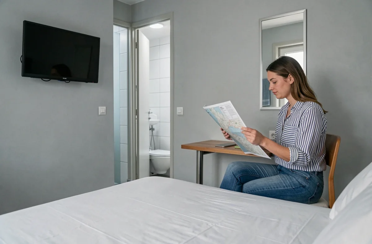 Chambre double propre au Premiere Classe Nancy avec voyageuse consultant une carte à son bureau