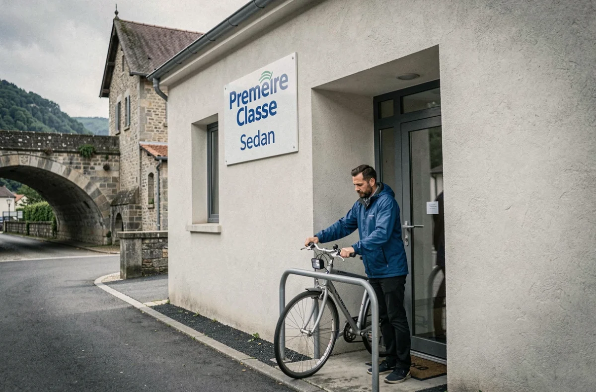 Extérieur du Premiere Classe Sedan avec cycliste attachant son vélo à l'entrée de l'hôtel