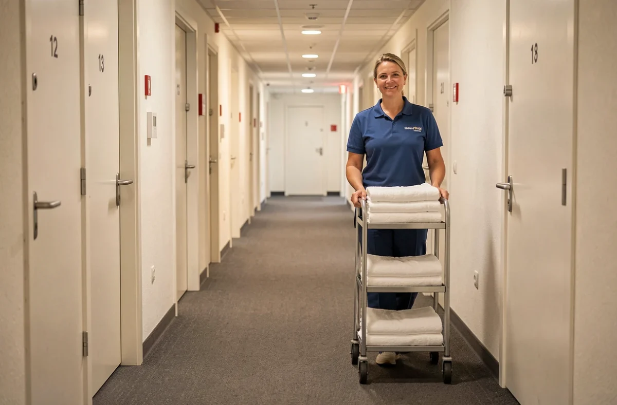 Couloir propre du Premiere Classe Strasbourg avec femme de chambre et chariot de linge
