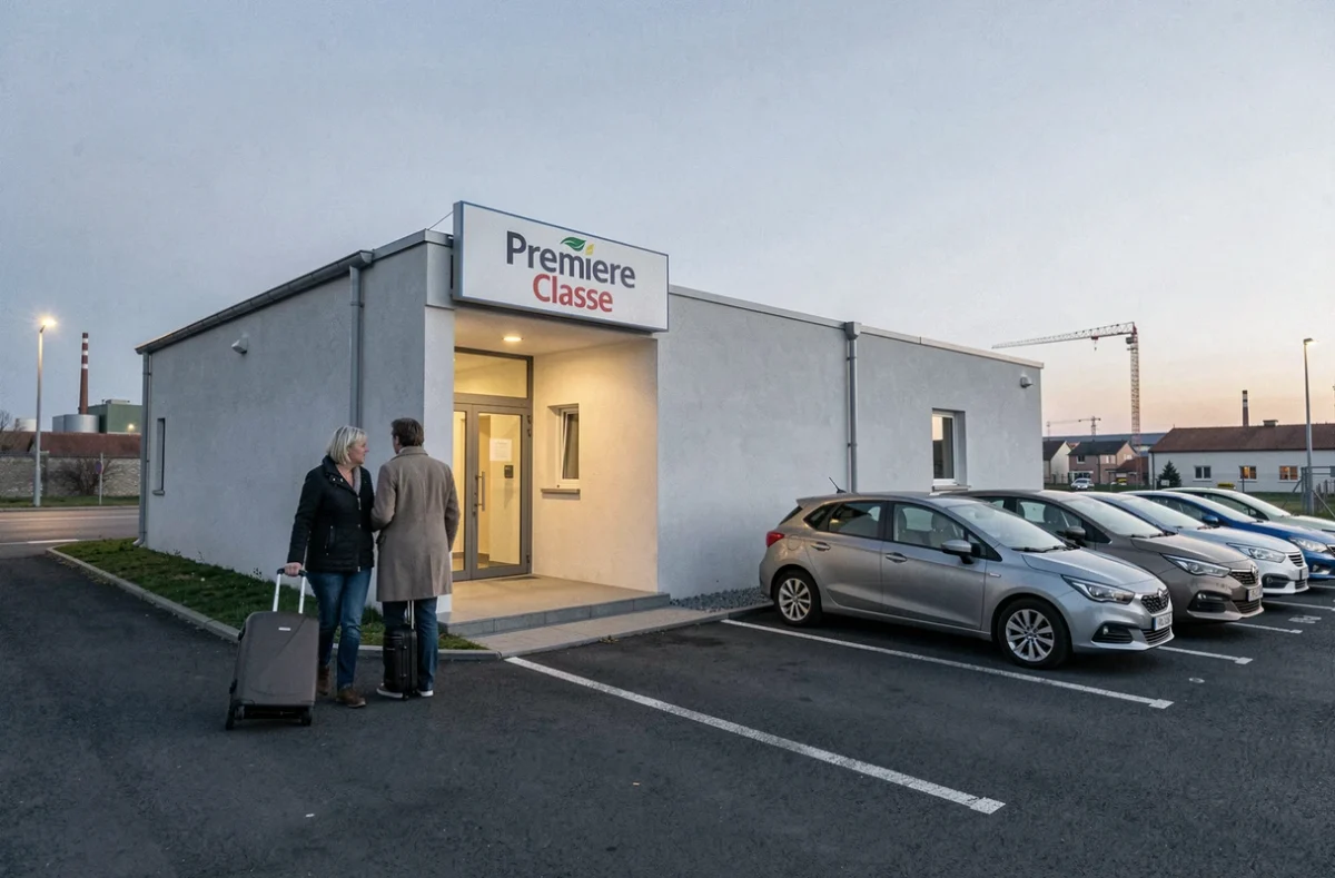 Façade extérieure du Premiere Classe Thionville avec couple arrivant avec leurs bagages en soirée