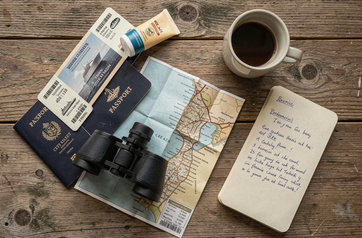 Préparatifs de croisière avec passeport, carte d'embarquement, carte côtière et accessoires de voyage posés sur une table en bois