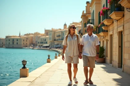 Couple se promenant sur le front de mer de Sliema avec architecture maltaise traditionnelle en pierre calcaire dorée